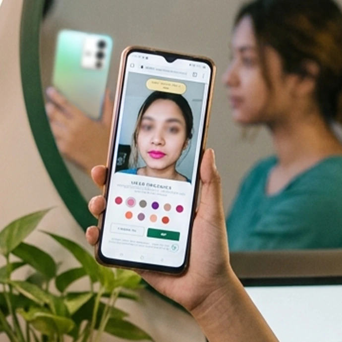 MEER Organics virtual lipstick try-on tool showing a woman in testing lipstick shades live on a smartphone screen.
